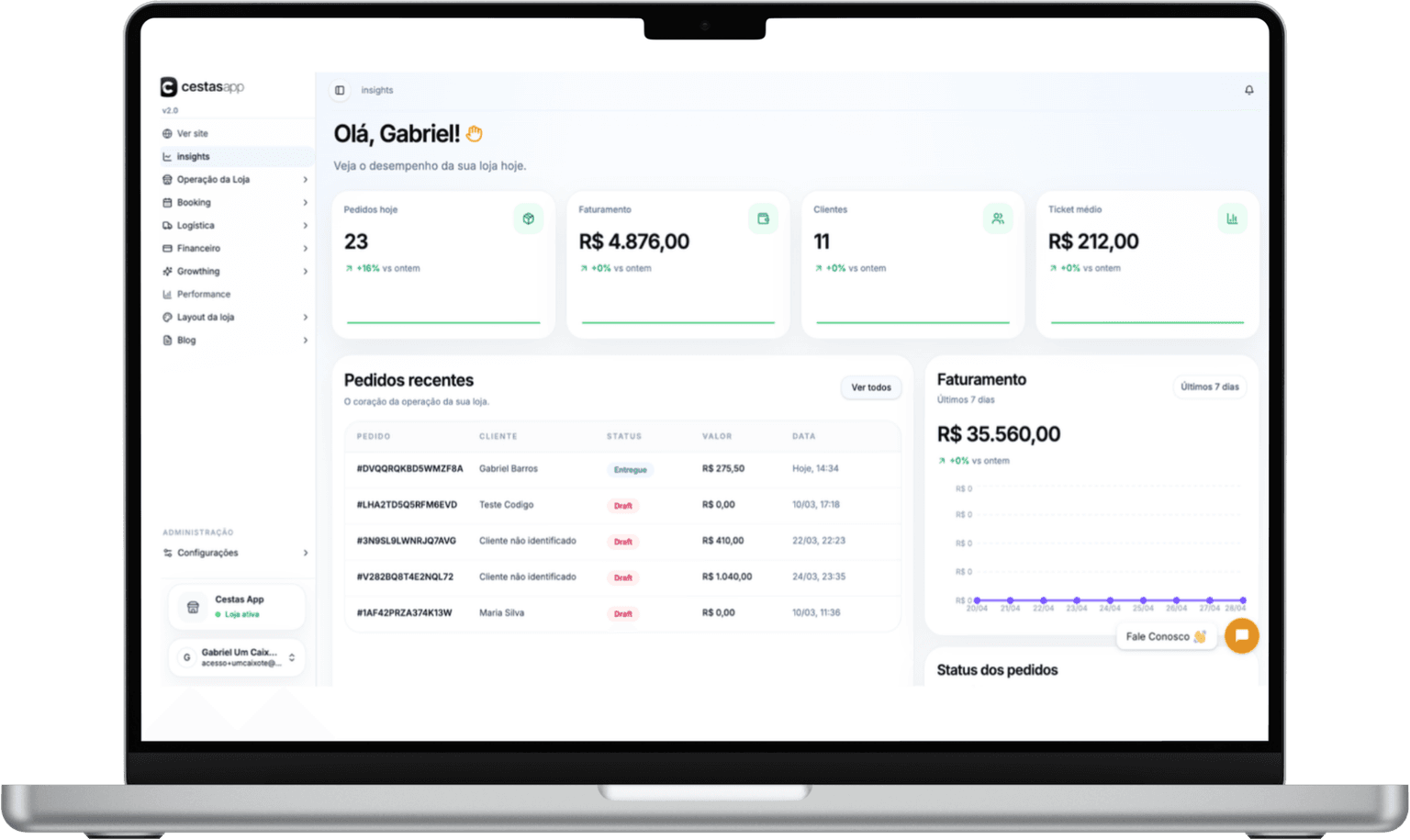 Dashboard do Cestas App em notebook