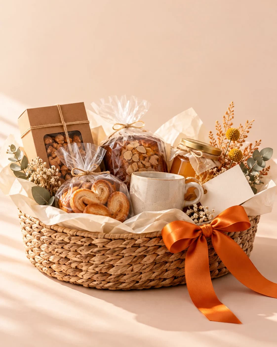 Cesta de presentes artesanal com laço laranja, café e pequenos cuidados