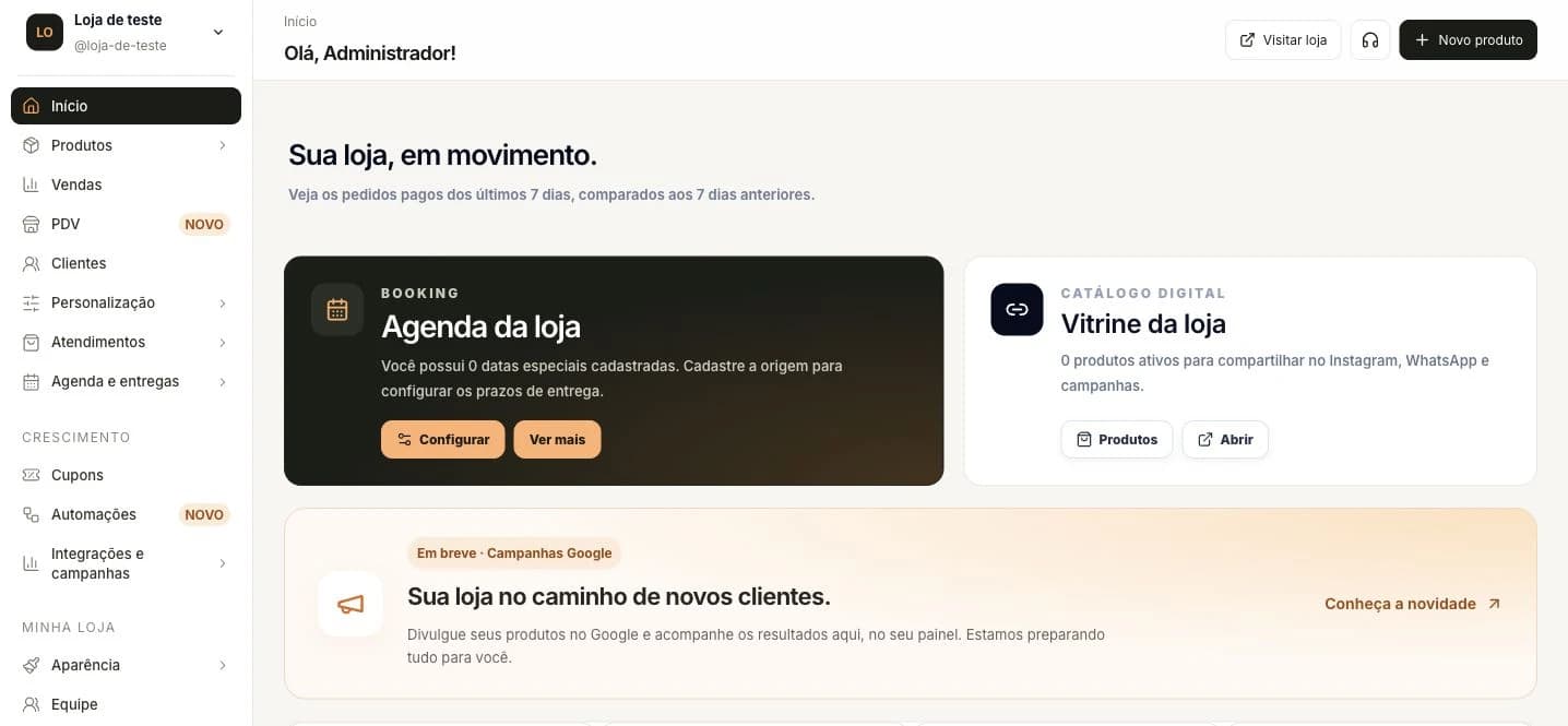 Interface atual do painel Cestas App, com navegação lateral e visão geral da loja de demonstração